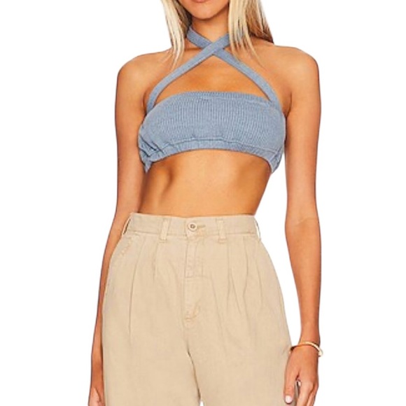WeWoreWhat New NWT Blue Ribbed Tie Halter Bra Top Size Large - Picture 1 of 5